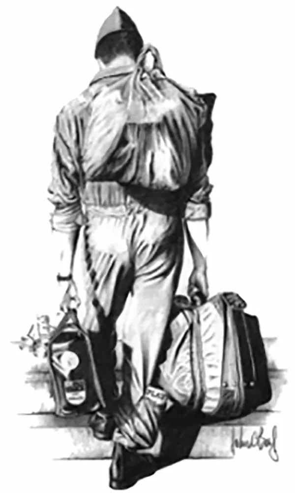 Pencil drawing of an airman in a flight suit, seen from behind, walking away with a flight bag in each hand